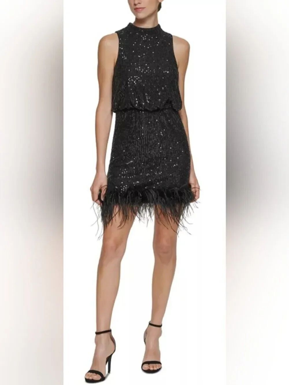 Eliza J Feather-Hem Sequin Mini Dress NWOT Size 10 Black
